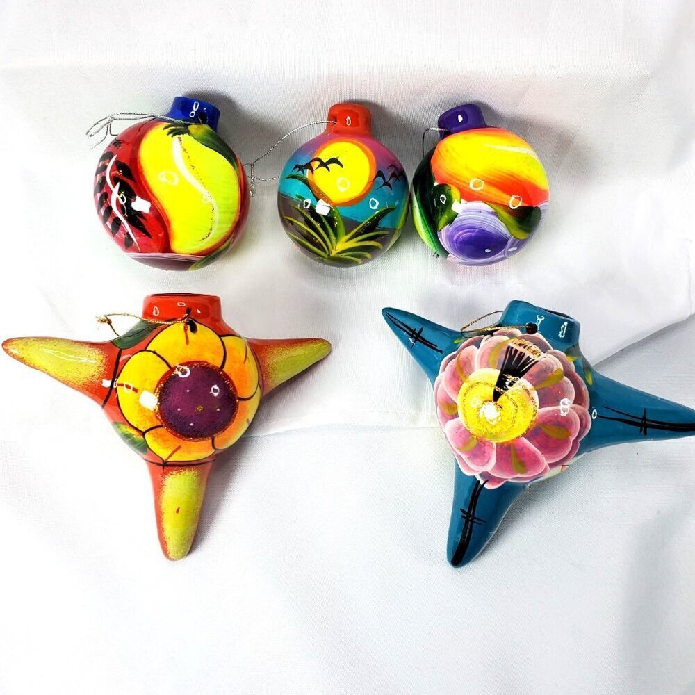 Talavera Piñata Christmas Ornaments: Mexican Folk Art Set of 5 Puerto Vallarta - Picture 2 of 12